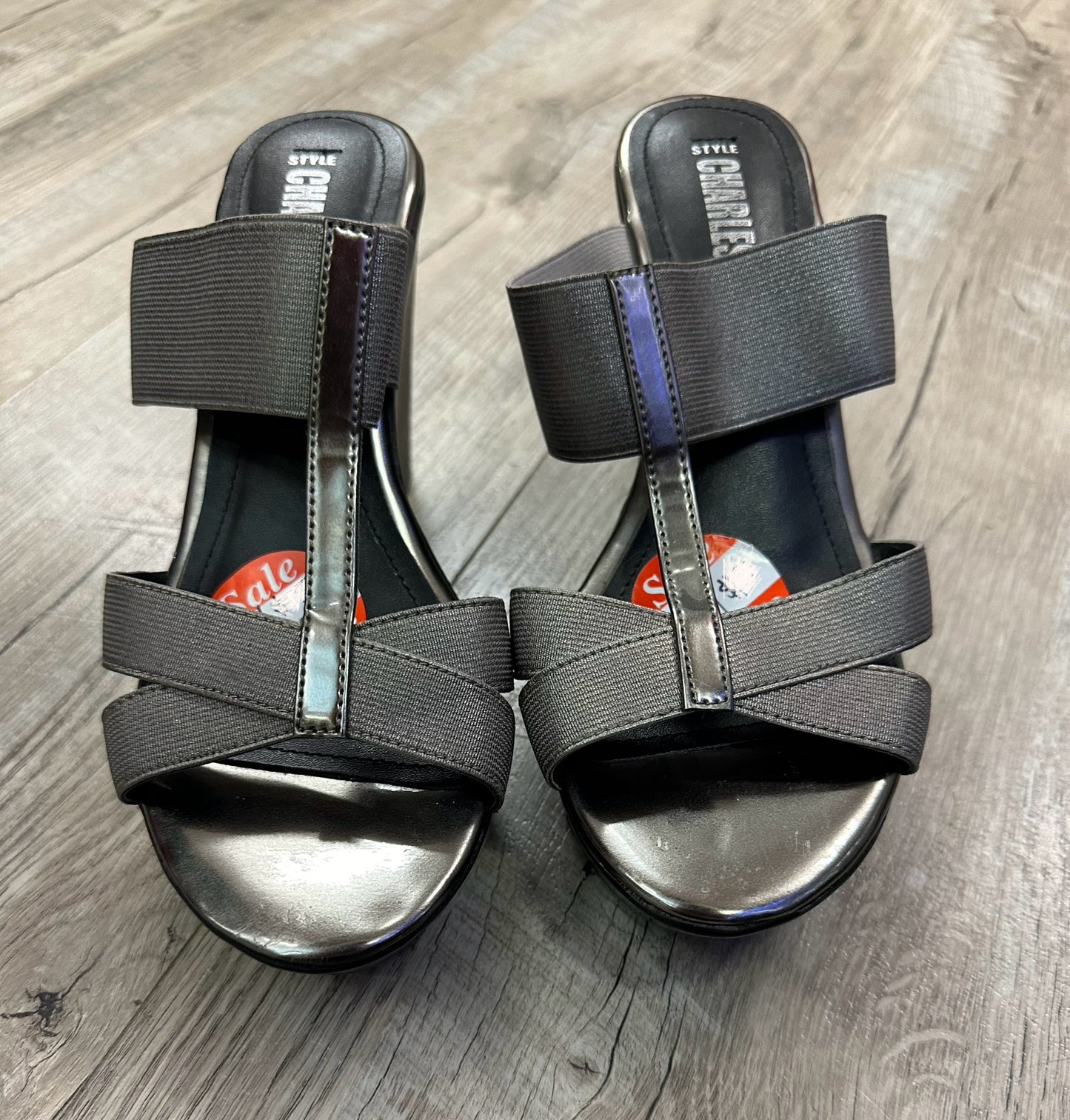 CHARLES DAVID US Size 7 Gray Pewter Strappy Plaform Wedge Heel Sandals Shoes