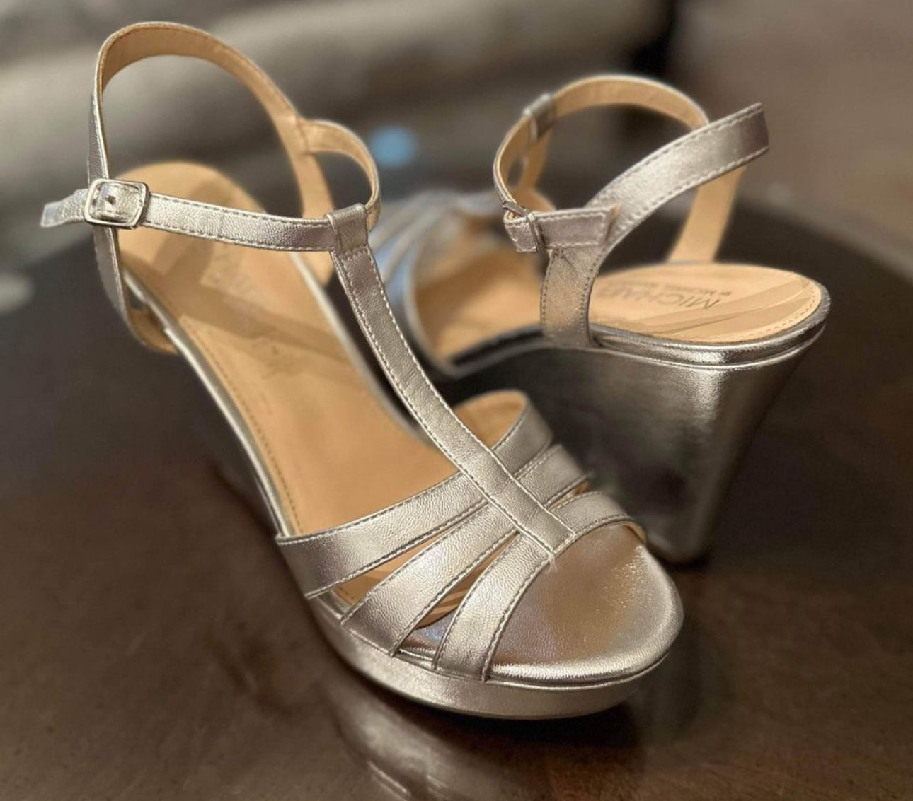 Michael Shannon Metallic Silver Platform Wedge Sandals. T Strap.  size 9.  Like New!