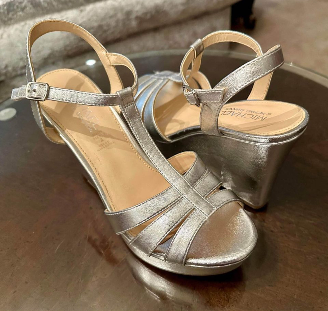 Michael Shannon Metallic Silver Platform Wedge Sandals. T Strap.  size 9.  Like New!