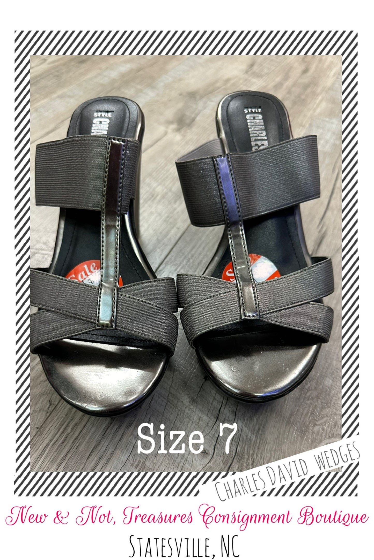 CHARLES DAVID US Size 7 Gray Pewter Strappy Plaform Wedge Heel Sandals Shoes