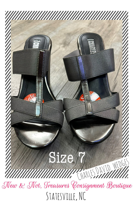 CHARLES DAVID US Size 7 Gray Pewter Strappy Plaform Wedge Heel Sandals Shoes