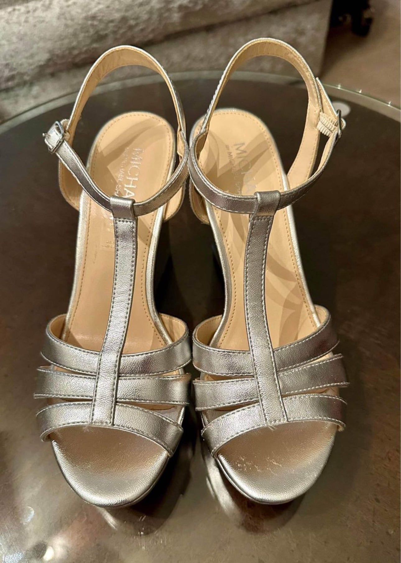 Michael Shannon Metallic Silver Platform Wedge Sandals. T Strap.  size 9.  Like New!