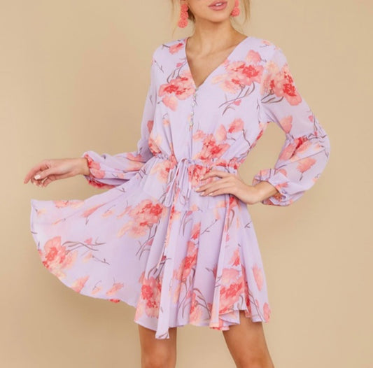 LuLu’s Entro Women Long Balloon Sleeve Lavender Floral  V-neck Dress Size Medium