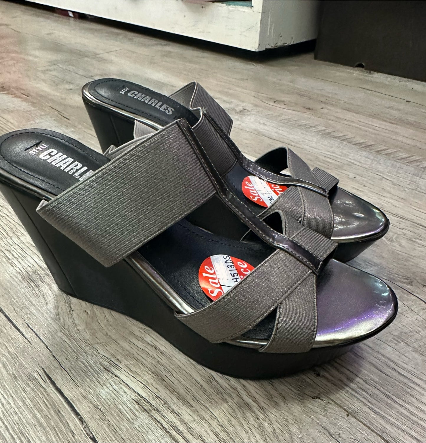 CHARLES DAVID US Size 7 Gray Pewter Strappy Plaform Wedge Heel Sandals Shoes