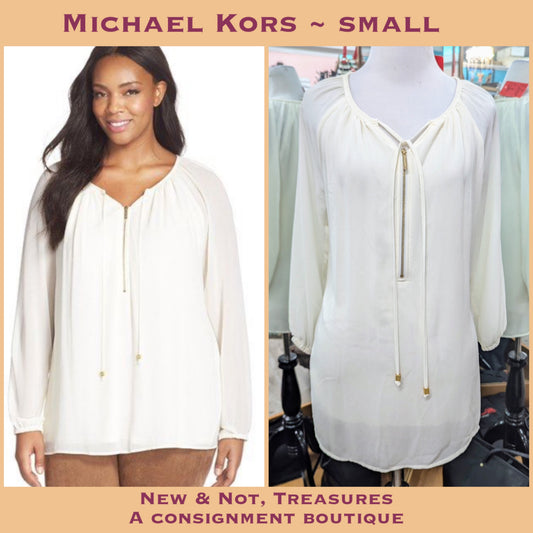 Michael Kors Women's Chiffon Ivory Zip Peasant Top Sz Small