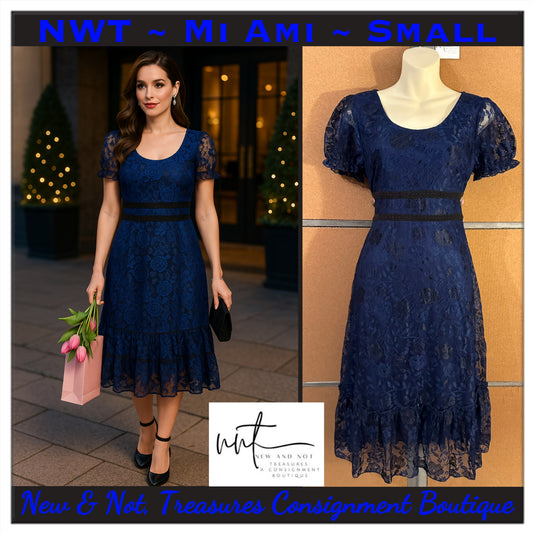NWT Mi Ami Navy & Black Floral Lace Ruffle Tier Midi Dress – Size Small