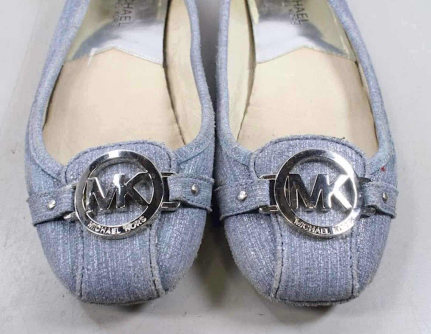 Michael Kors Fulton Moccasin Washed Denim Flat  Silver Logo - size 7