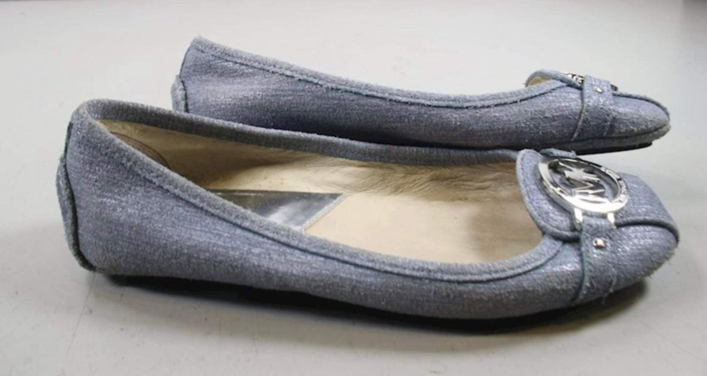 Michael Kors Fulton Moccasin Washed Denim Flat  Silver Logo - size 7