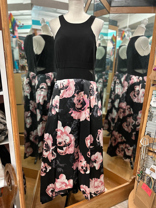 Xscape Black and Pink Floral Hi-Low Gown in 14