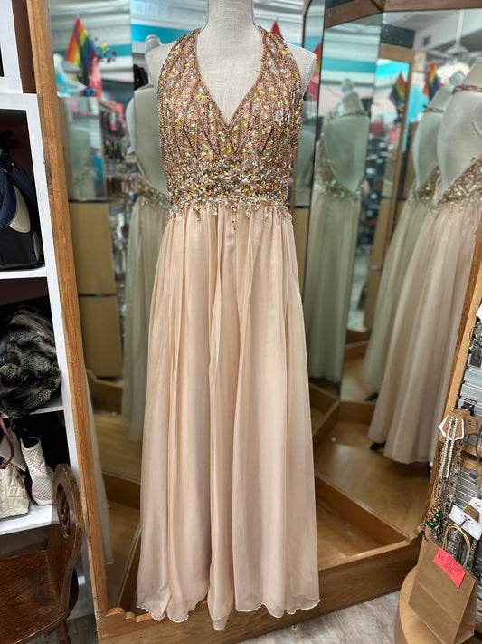 Dave & Johnny Beige and Gold Halter Formal Gown in 11/12