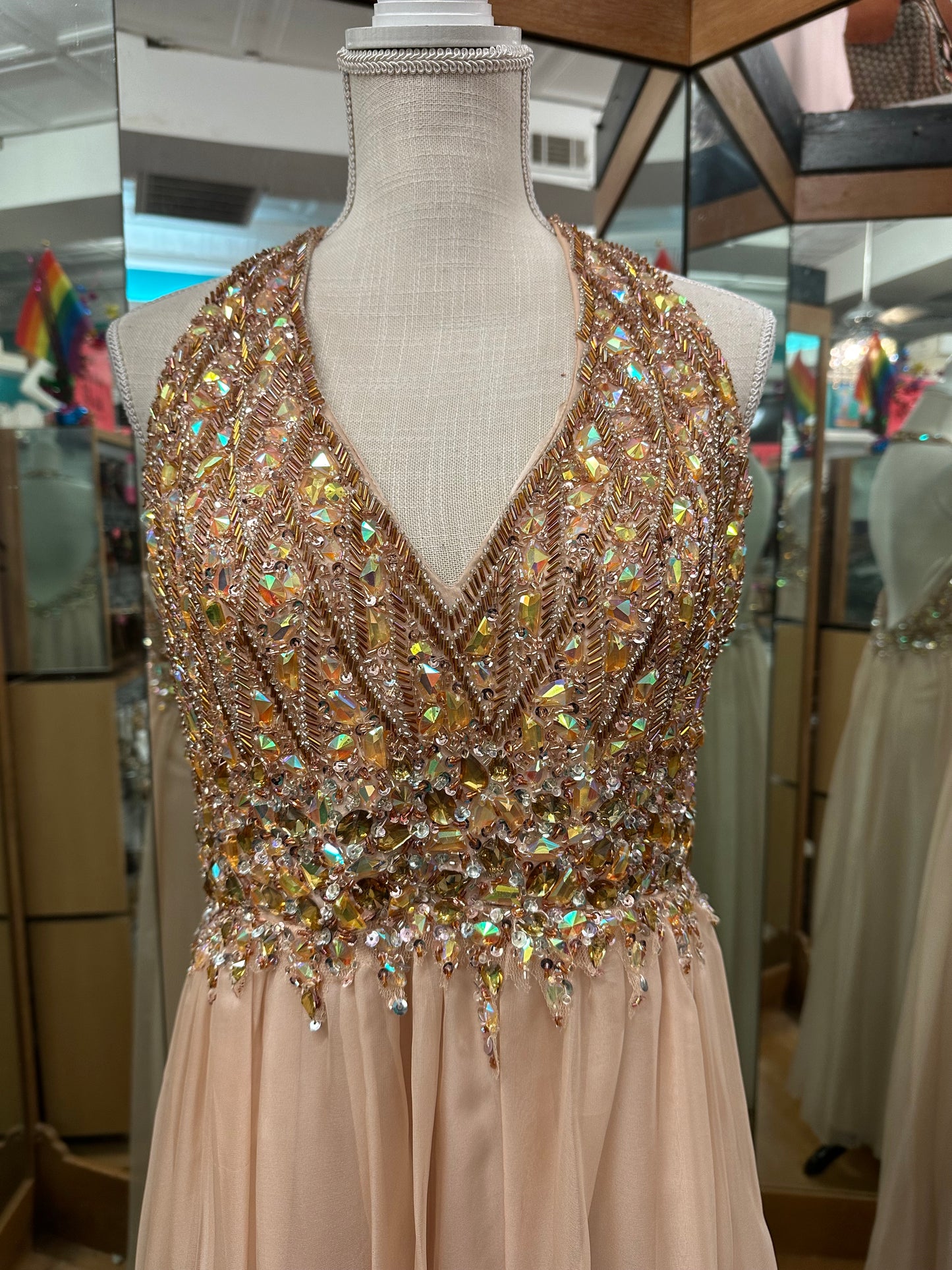Dave & Johnny Beige and Gold Halter Formal Gown in 11/12