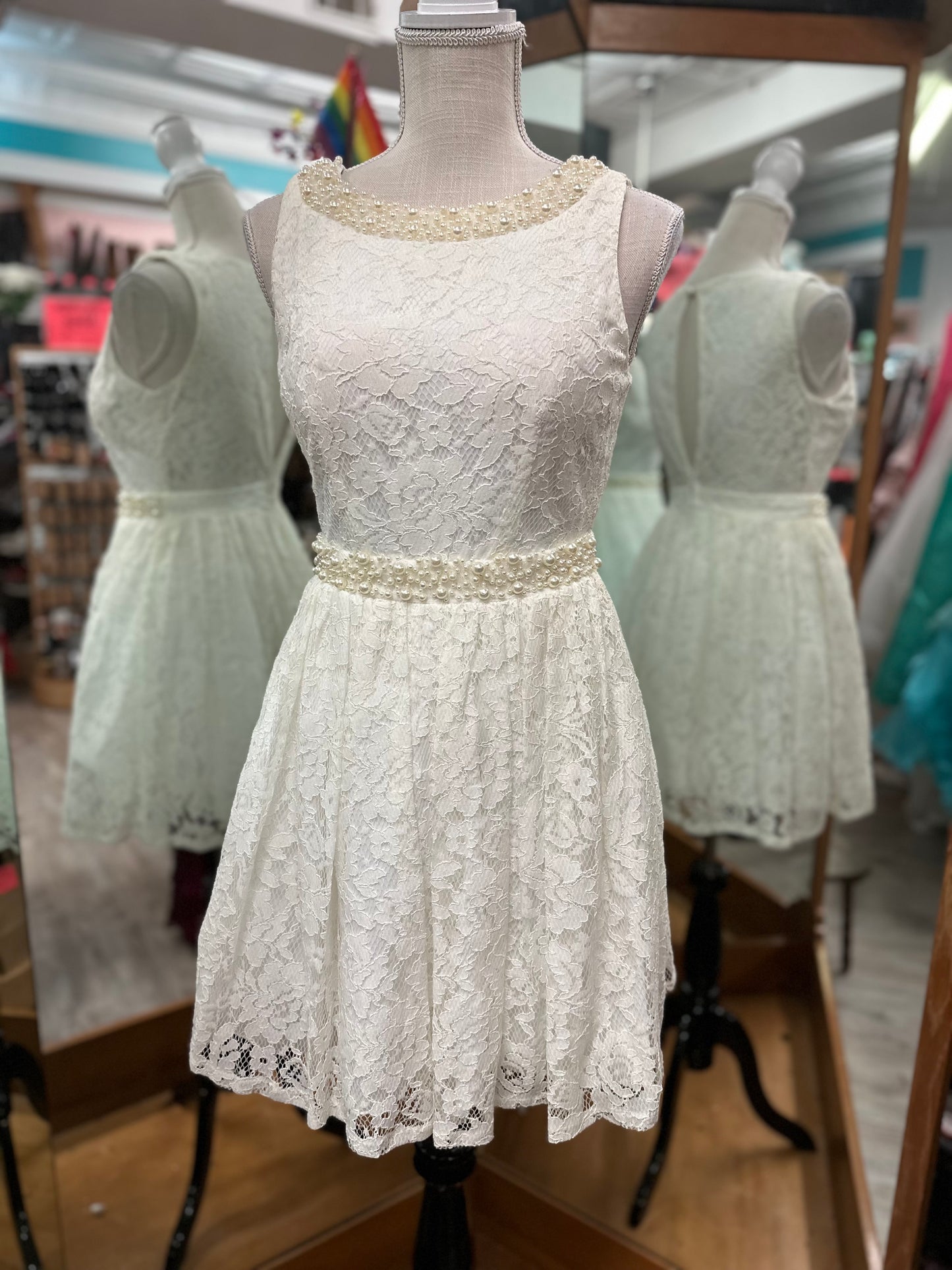 City Triangles White Lace Tank Dress with Pearl Embellishments in 5