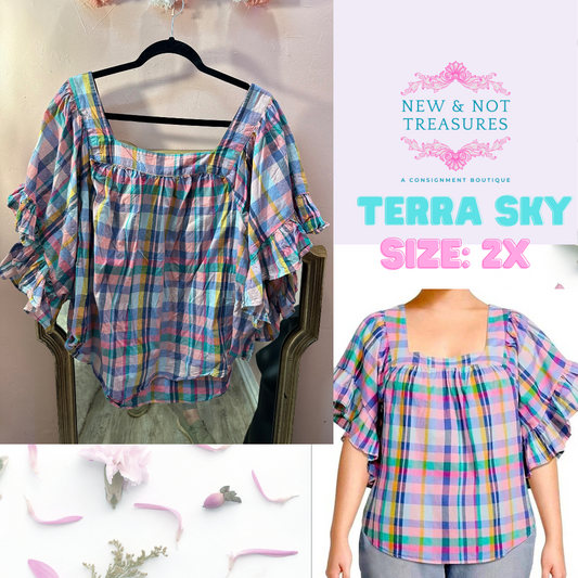 Terra Sky Plaid Flutter Sleeve Top in 2X