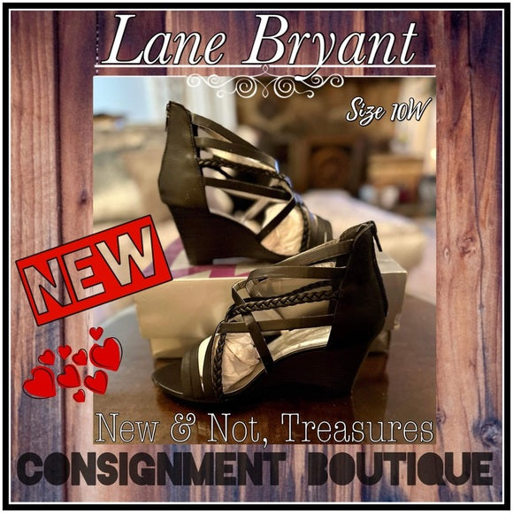 NWB $50 Lane Bryant Black Braided Strappy Wedge Heel Sandal Back Zip Size 9W