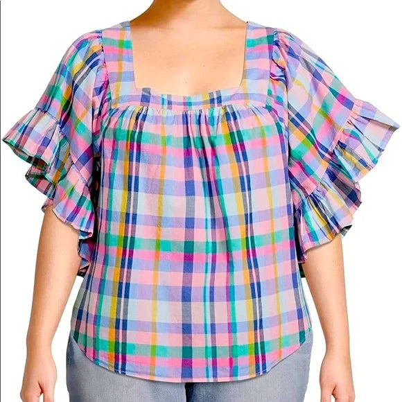 Terra Sky Plaid Flutter Sleeve Top in 2X