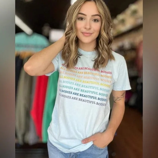 All Bodies Are Beautiful Self Love Graphic Tee, Blue Short sleeve