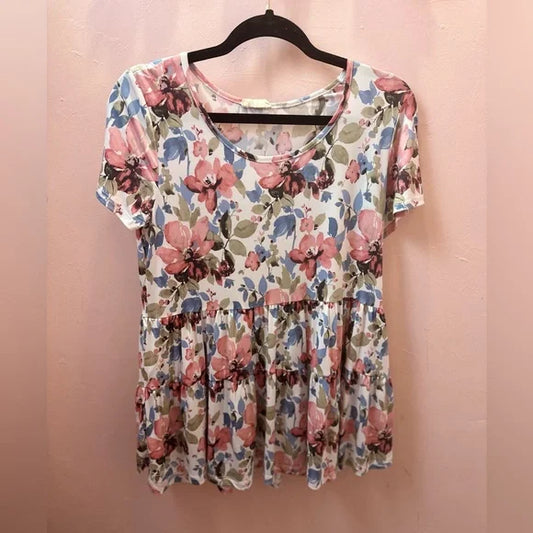 BE Stage, Medium. Short Sleeve white/ pink / blue floral babydoll Top. EUC