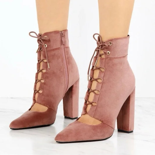 NEW Qupid Women Size 11 Pink Velvet Pointy Toe Lace Up Chunky Heel Bootie