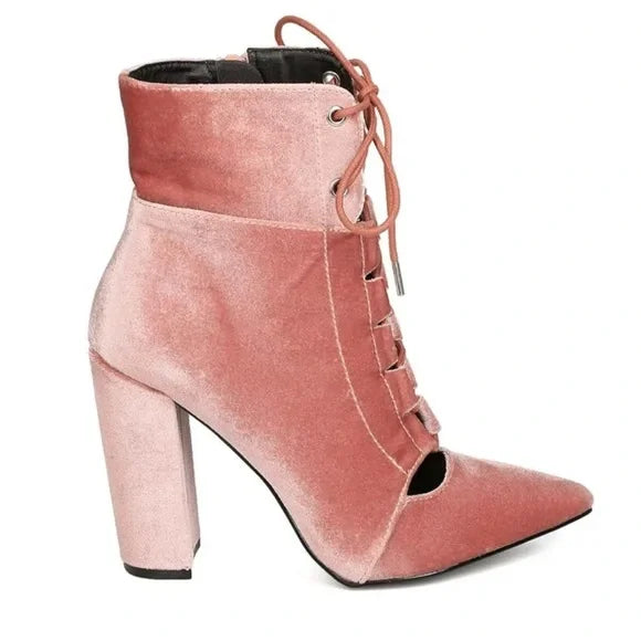 NEW Qupid Women Size 11 Pink Velvet Pointy Toe Lace Up Chunky Heel Bootie