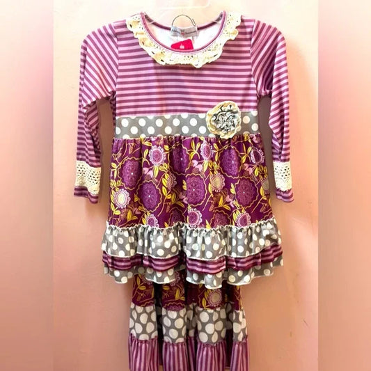 Adorable Sweetness Kids Size 7 Boutique Babydoll Top & Ruffled Pant Polkadot