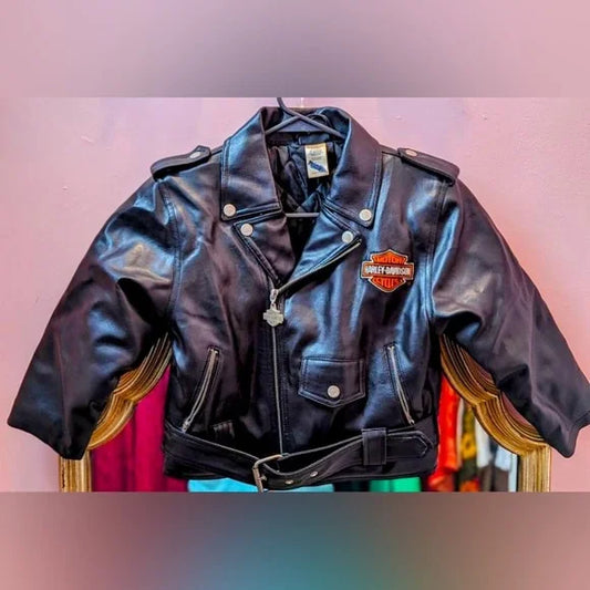 Kids 6 Leather Harley Davidson Black Leather Orange Biker Jacket.