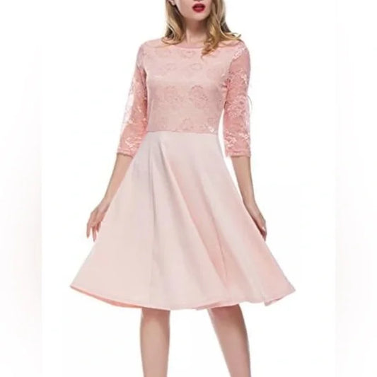 Vintage Amika Fashion Pink Fit & Flare, Lace 1/2 sleeve. Size Medium