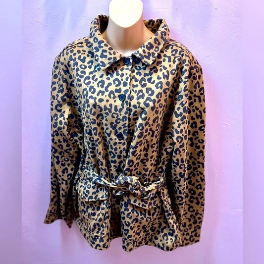Catos Size Large Leopard Animal Print Fringe Belted Button Up Jacket Pockets EUC