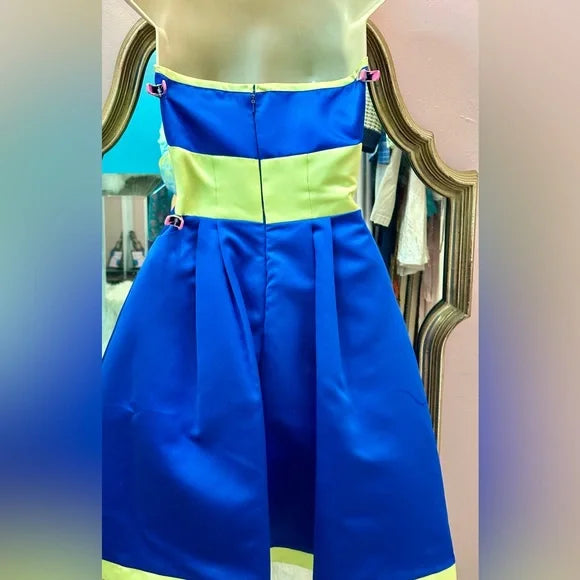 Hanna S Size 4. Blue & Lime Green Strapless Semi Formal Dress