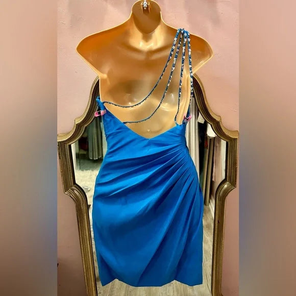 ONE SHOULDER Xcite Blue Ruched Bejeweled Short Strapless Prom Dress Size 0