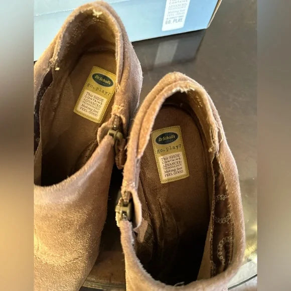 DR. Scholls Booties Wedge Heel Zipper Ankle Boots Shoe 7.5 Light Brown Suede
