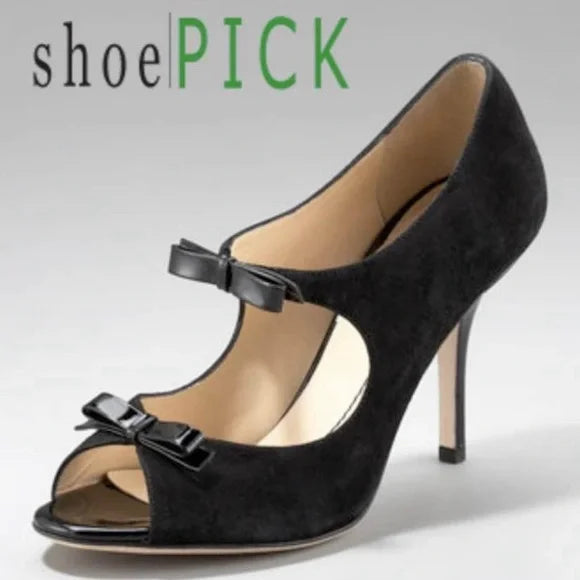 Kate Spade size 6.5 Black Suede Patent Leather Bows Open Toe High Heels. EUC